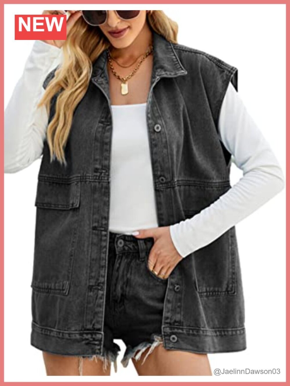 Oversized Denim Jean Vest Sleeveless Button Down Casual